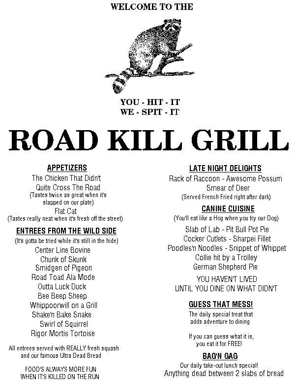 Road Kill Grill Menu